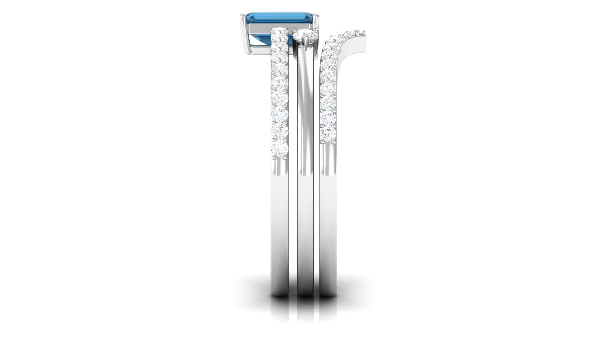 Emerald Cut Solitaire London Blue Topaz and Diamond Ring Set of 3