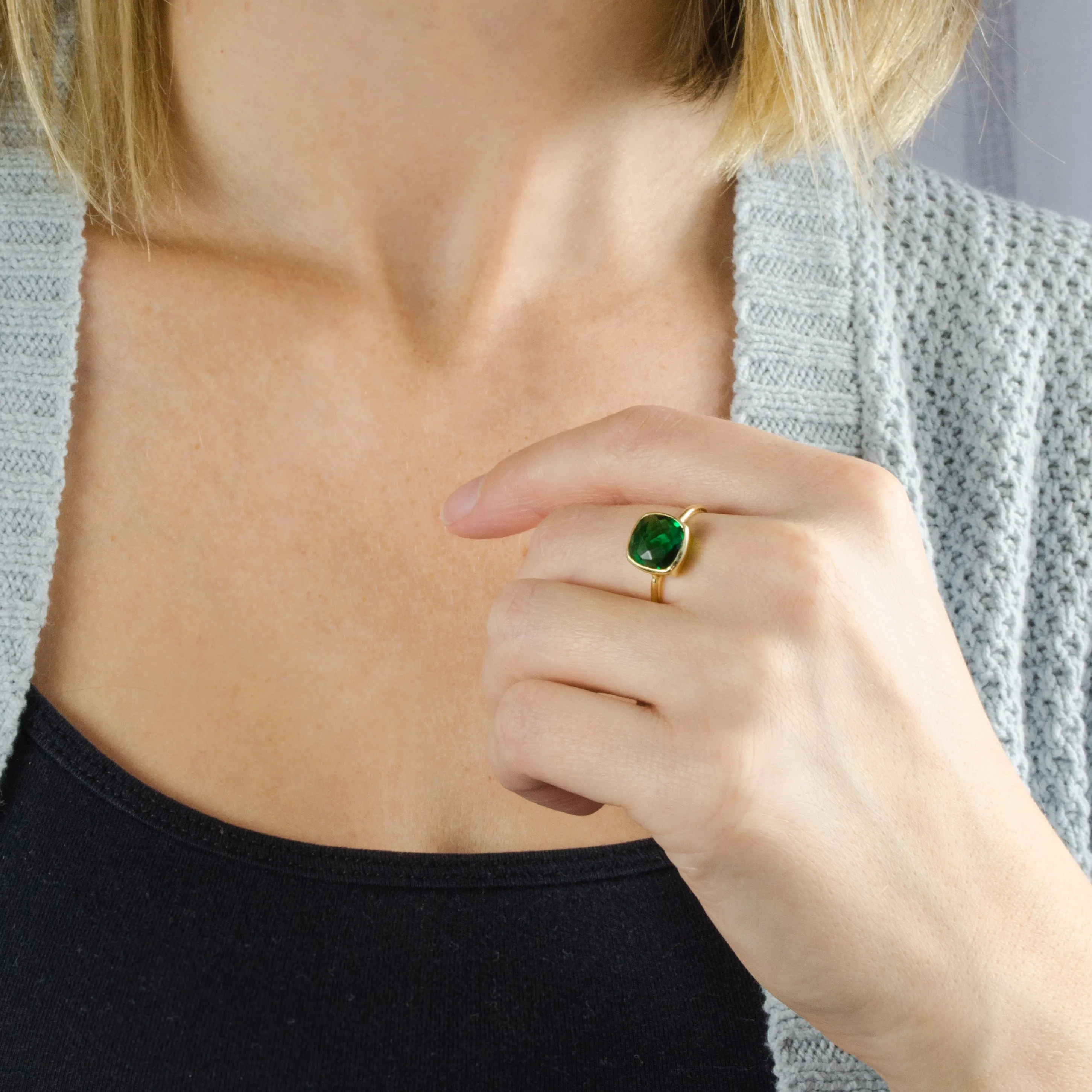 Emerald Quartz Cushion Ring : May Birthstone