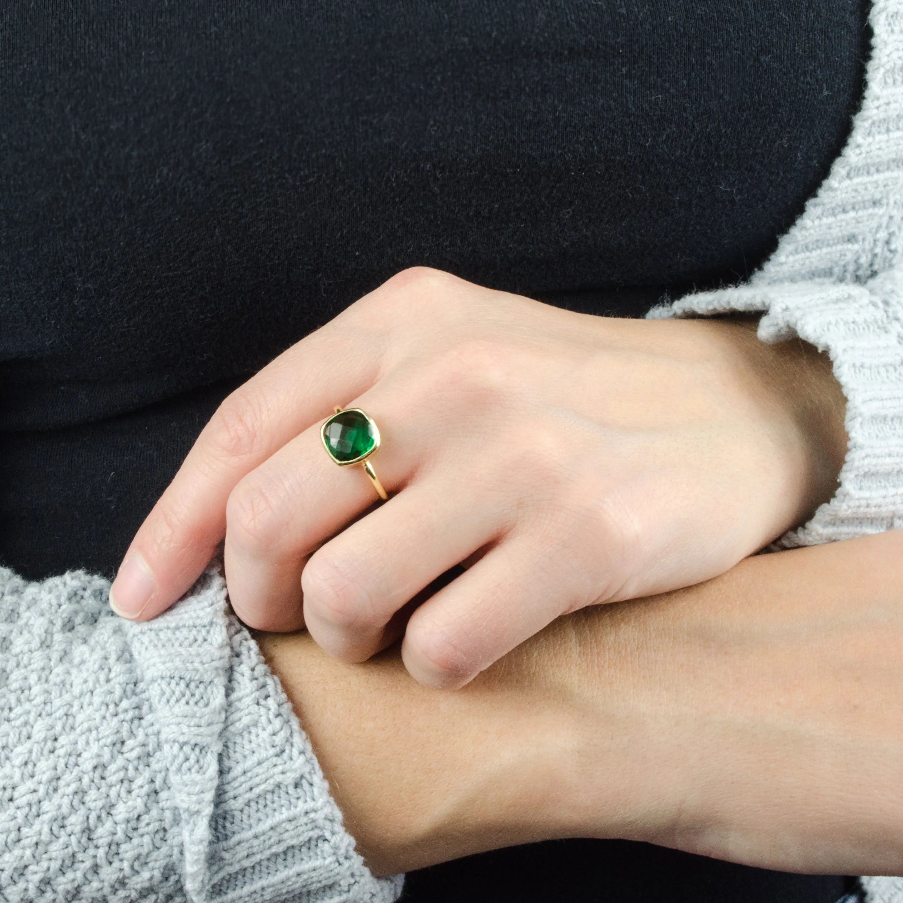 Emerald Quartz Cushion Ring : May Birthstone