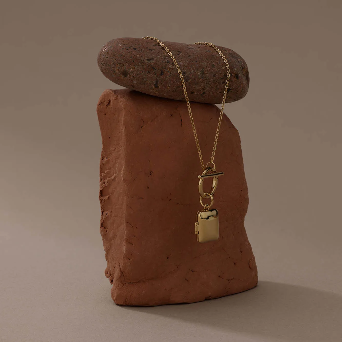 Engravable Rectangle Locket Fob Chain Necklace in Gold