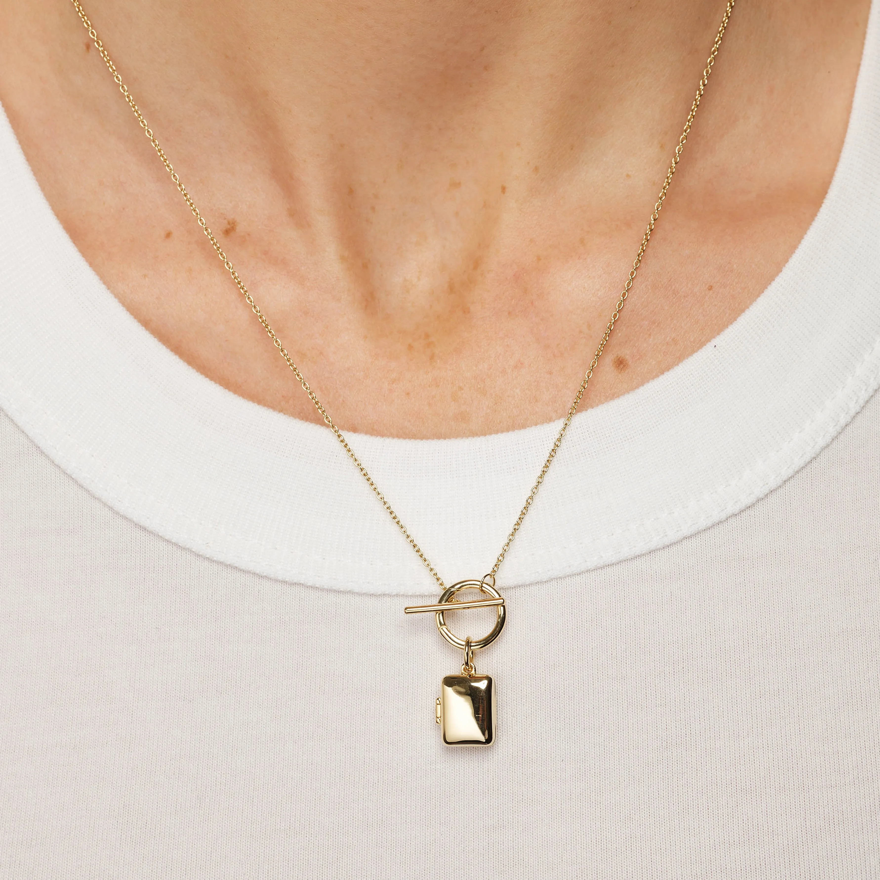 Engravable Rectangle Locket Fob Chain Necklace in Gold