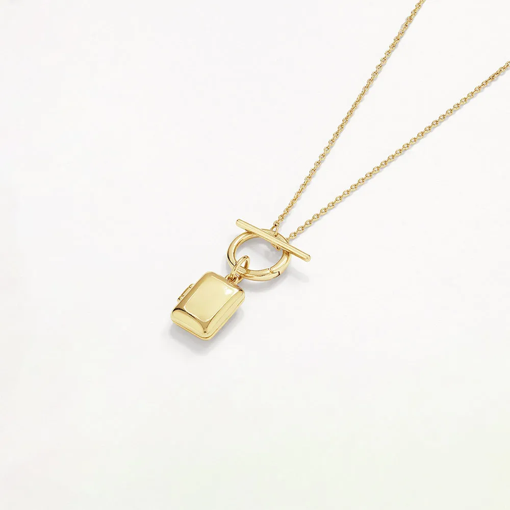 Engravable Rectangle Locket Fob Chain Necklace in Gold