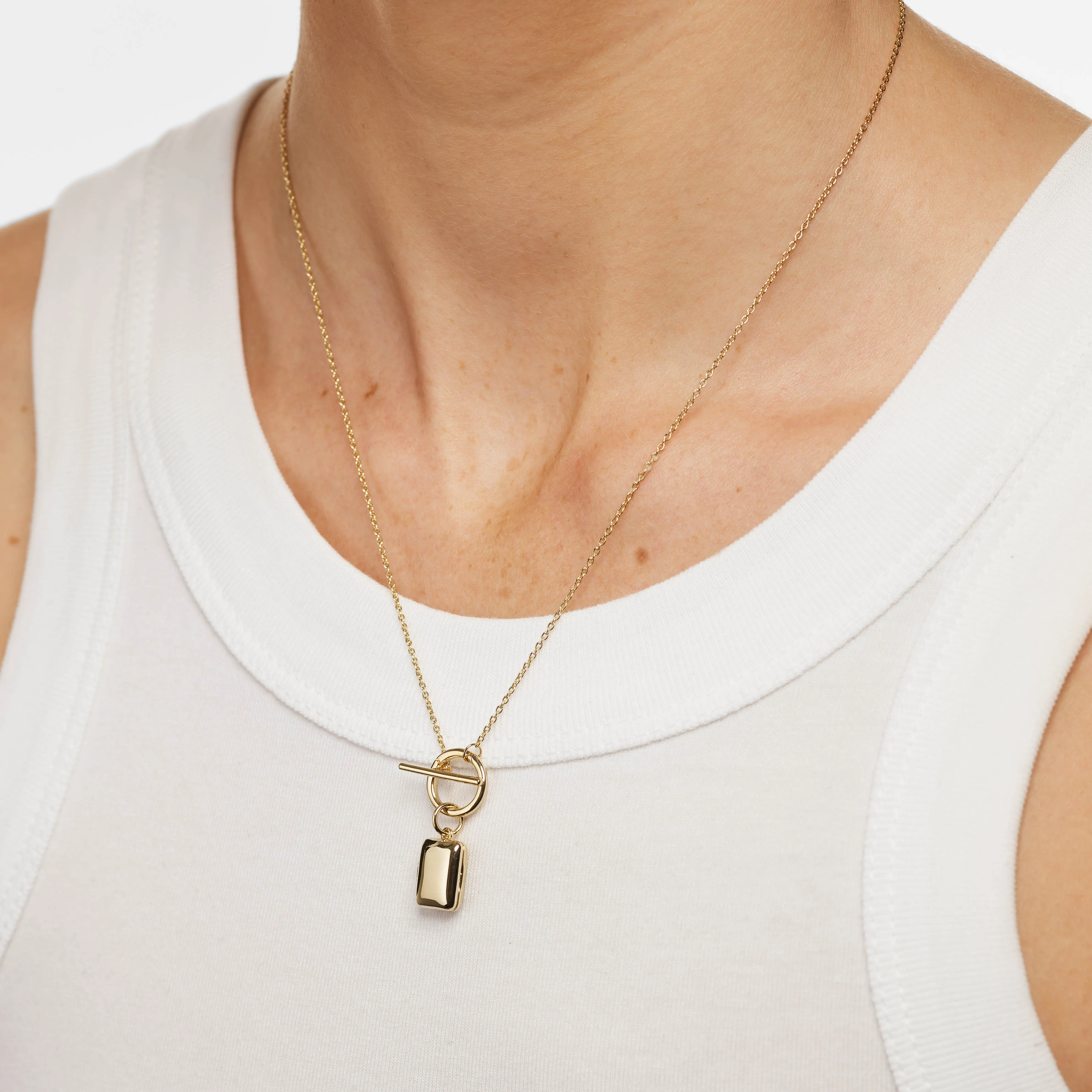 Engravable Rectangle Locket Fob Chain Necklace in Gold