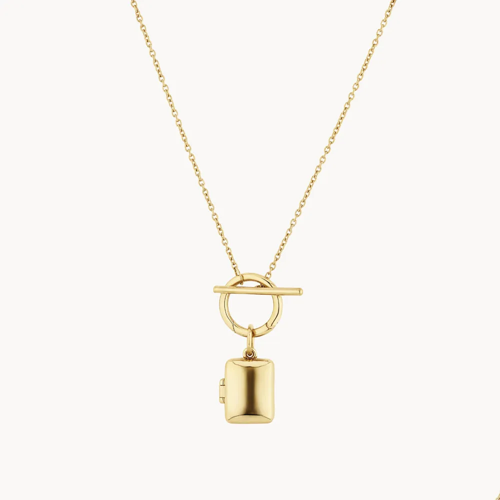 Engravable Rectangle Locket Fob Chain Necklace in Gold