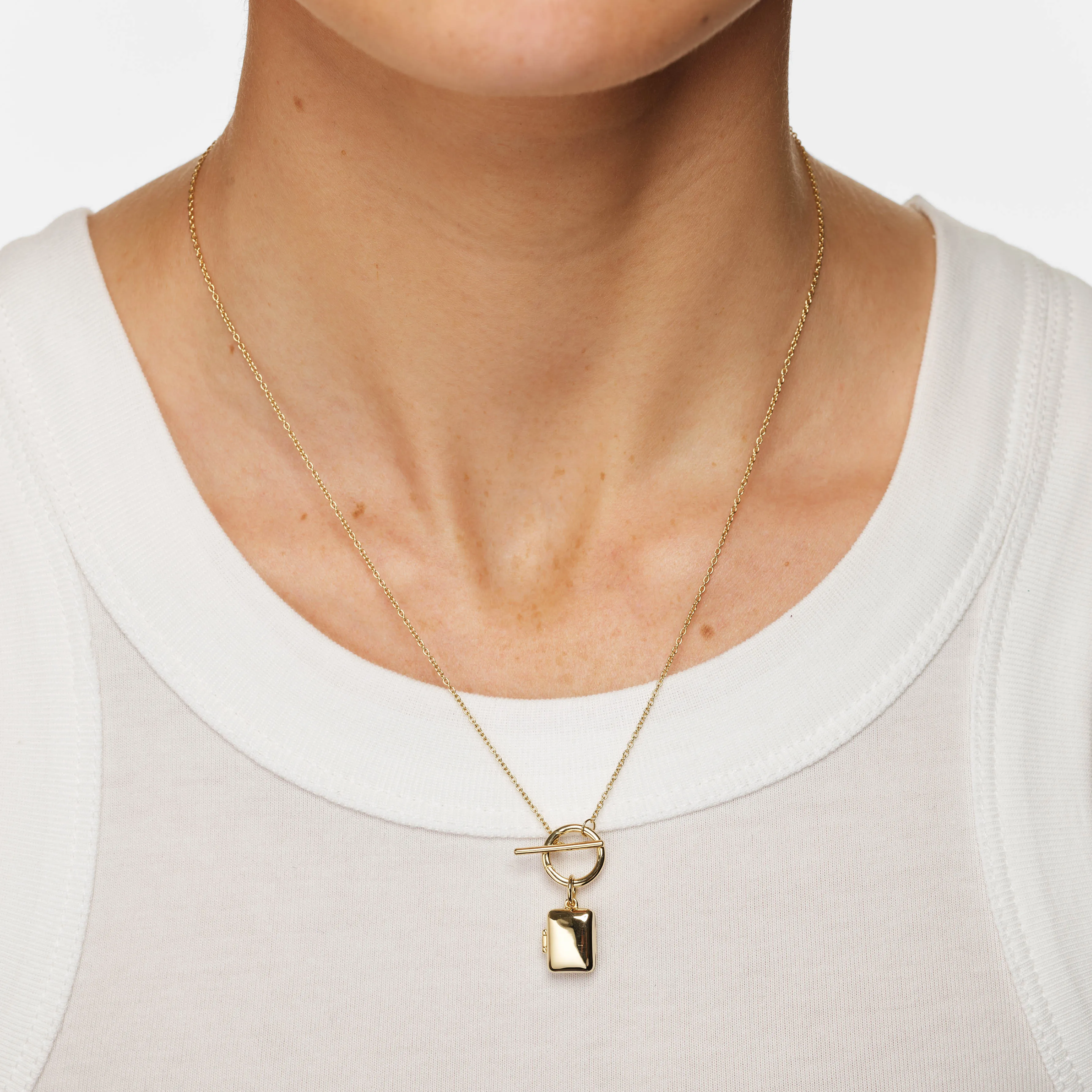 Engravable Rectangle Locket Fob Chain Necklace in Gold