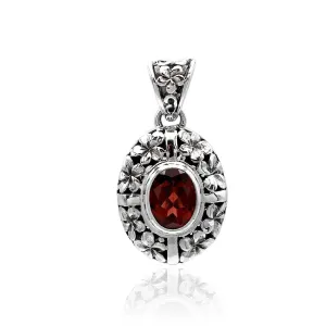 Floral RED GARNET Gemstone Charm Pendant Necklace in 925 Sterling Silver with Chain -  2.8 Cm