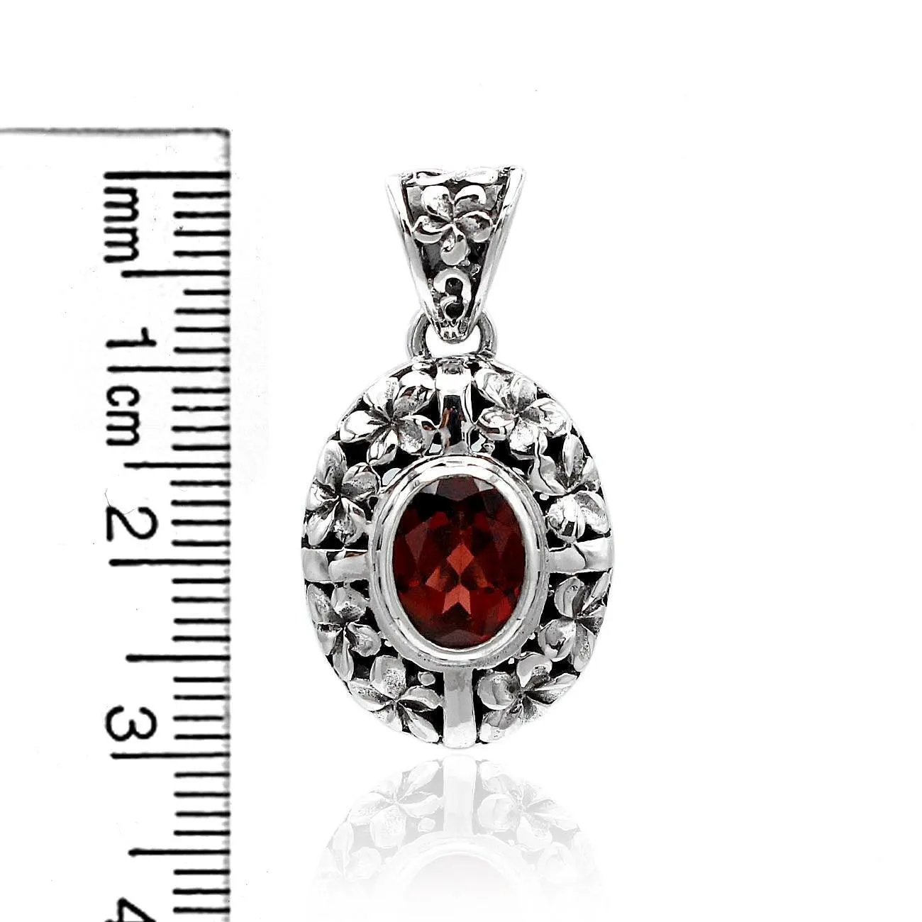 Floral RED GARNET Gemstone Charm Pendant Necklace in 925 Sterling Silver with Chain -  2.8 Cm