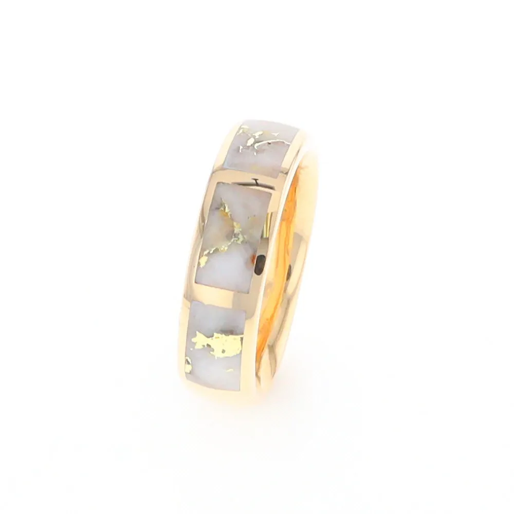 G2 Gold Quartz Ring, Three Section Rectangle Inlaid Band