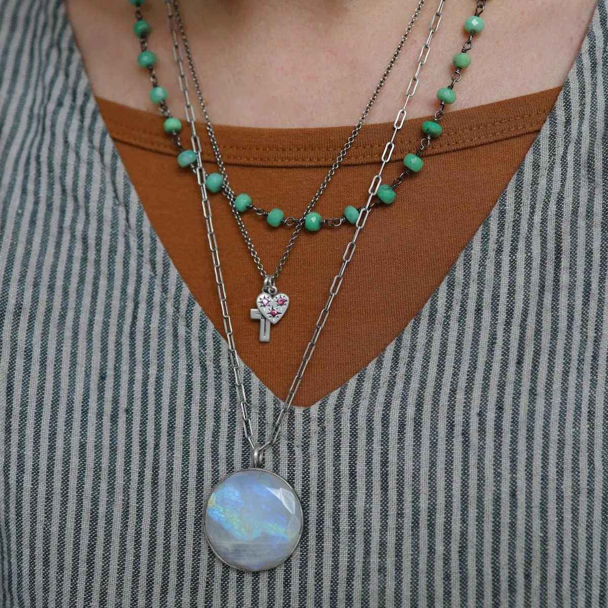 Garnet Small Heart and Cross Charm Necklace