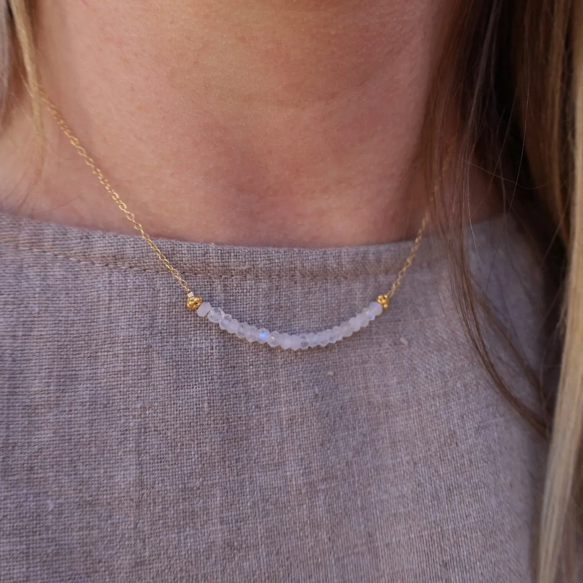 Gold Filled Chain with Gemstone Arc - Rainbow Moonstone