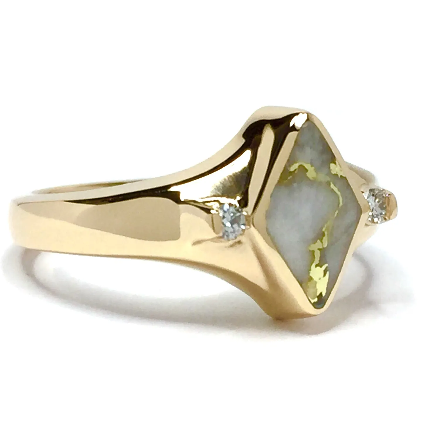 Gold Quartz Ring Diamond Shape Inlaid with .05ctw Round Diamonds