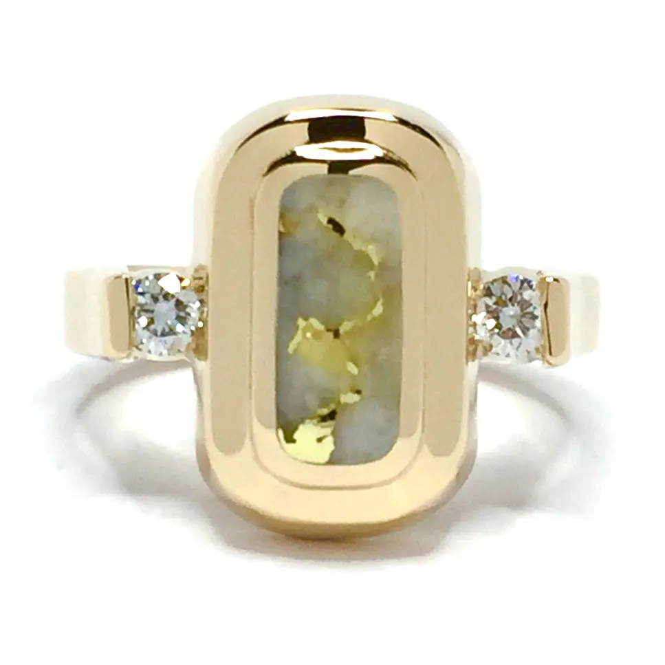 Gold Quartz Ring Oval Inlaid Design with .06ctw Round Diamonds