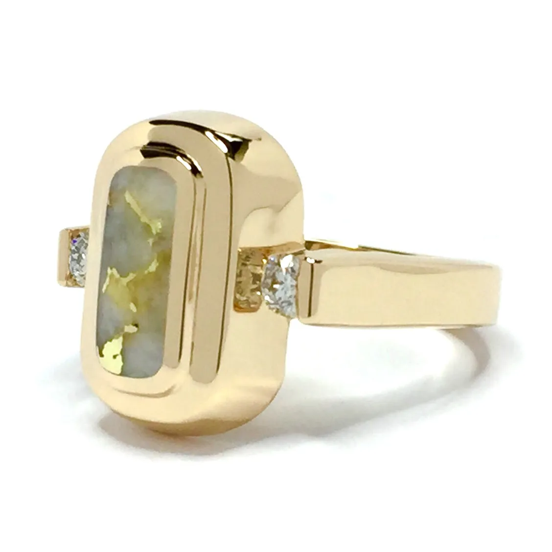Gold Quartz Ring Oval Inlaid Design with .06ctw Round Diamonds