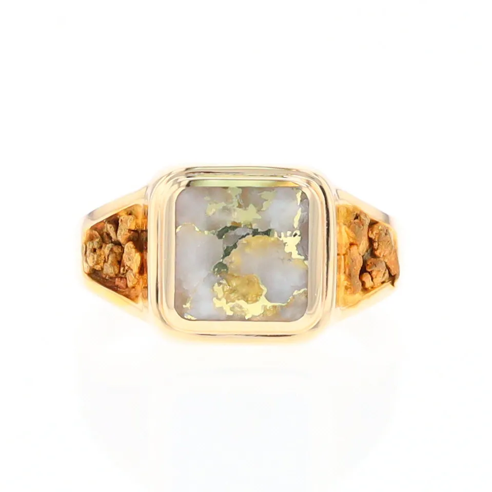 Gold Quartz Ring Square Inlaid Center Design with Natural Nugget Sides