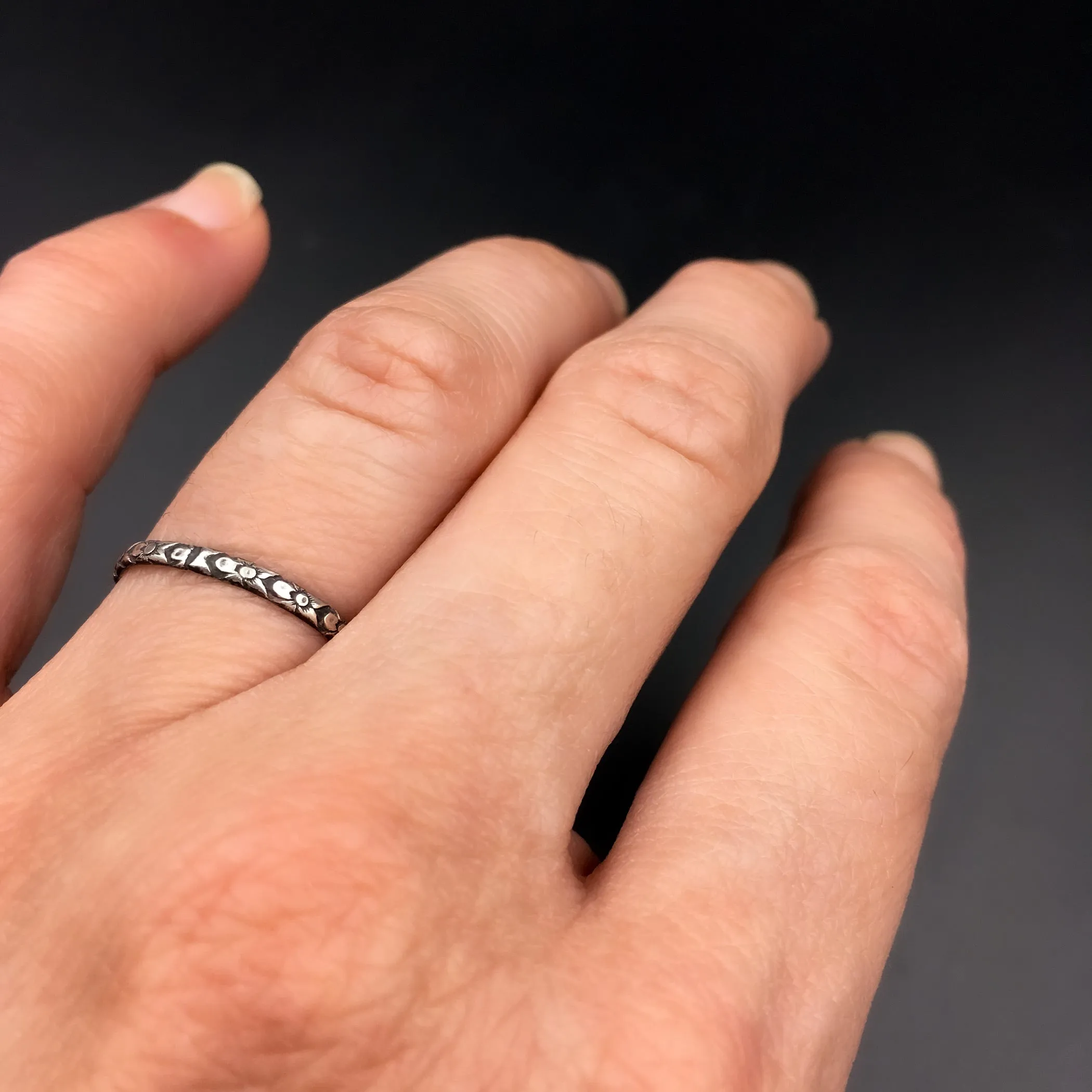 Handmade 1.5mm Skinny Sterling Silver Victorian Abstract Botanical Patterned Ring Band