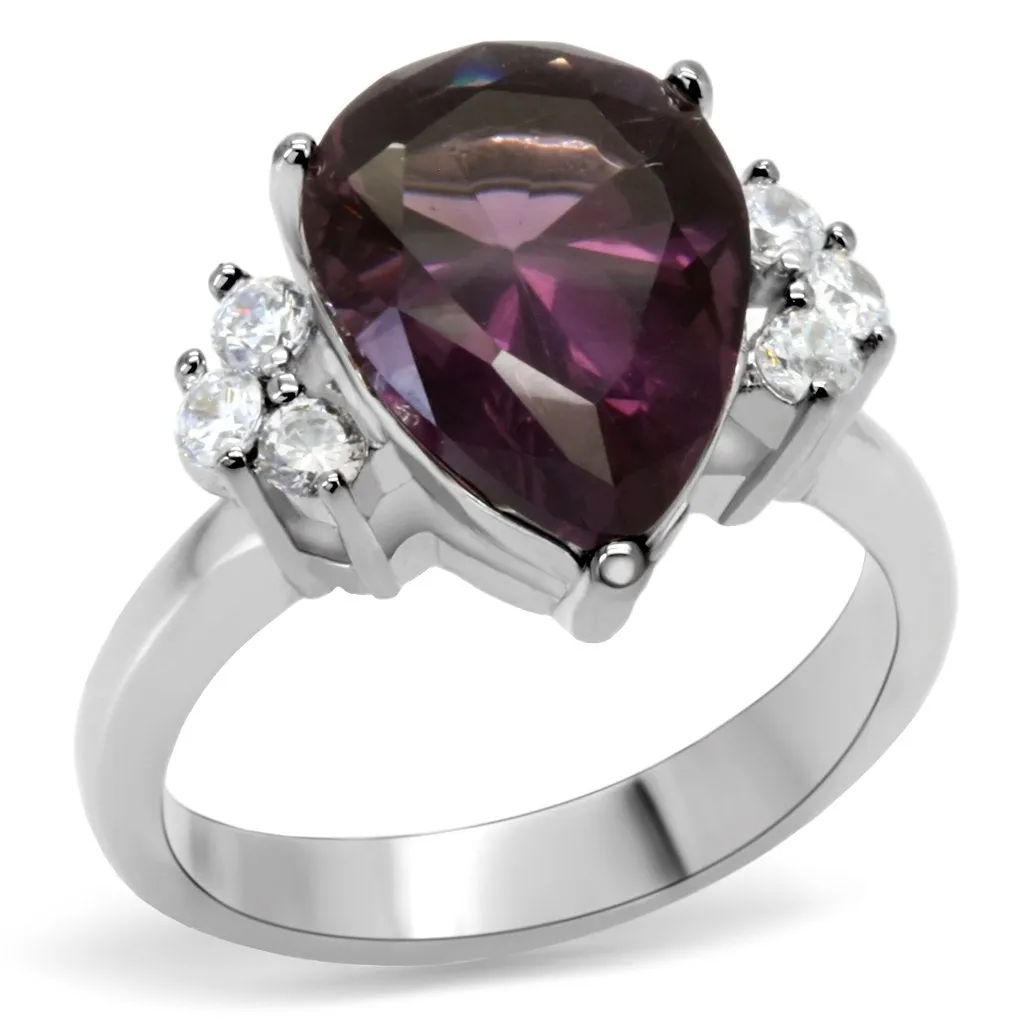 High polished (no plating) Stainless Steel Ring with Synthetic Synthetic Glass in Amethyst for Women Style TK167