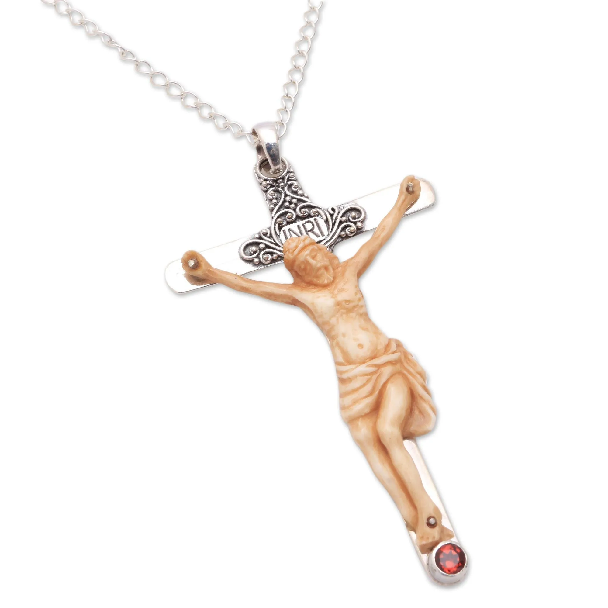 INRI Crucifix Garnet Pendant Necklace