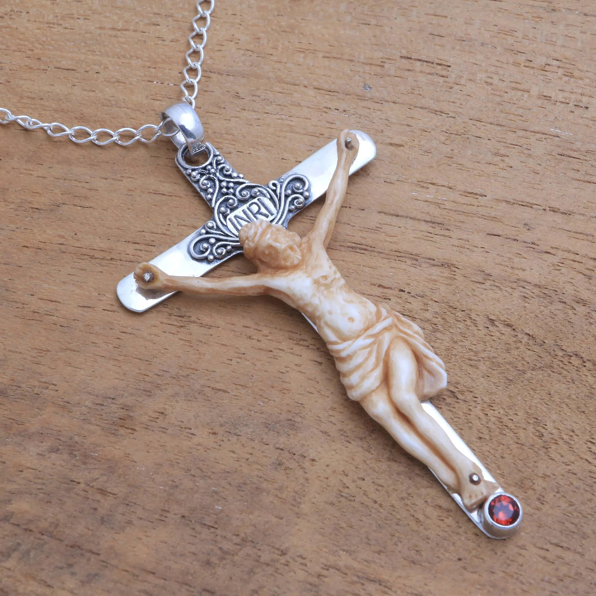 INRI Crucifix Garnet Pendant Necklace