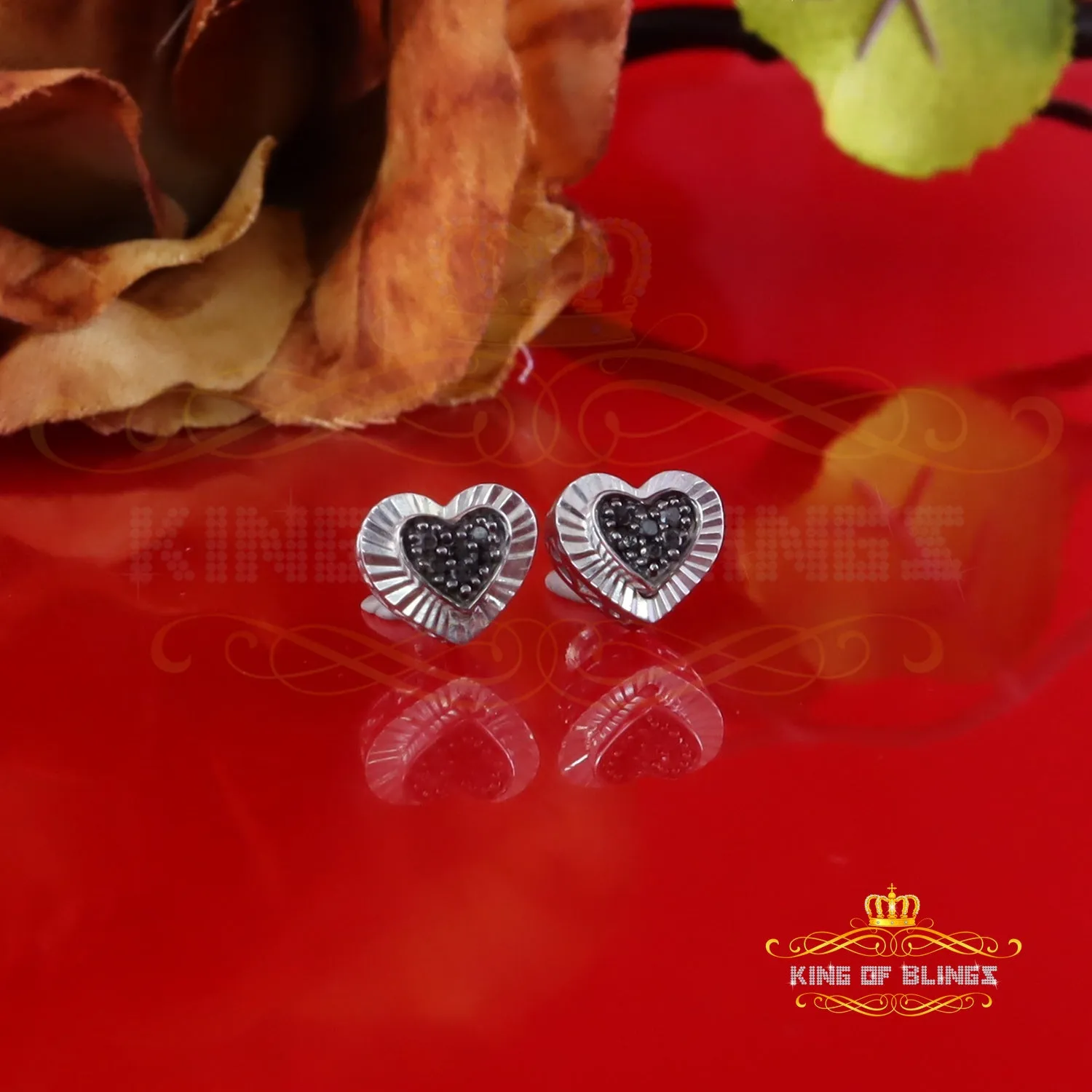 King Of Bling's Aretes Para Hombre Heart 925 White Silver 0.12ct Black Diamond Ladies Earrings