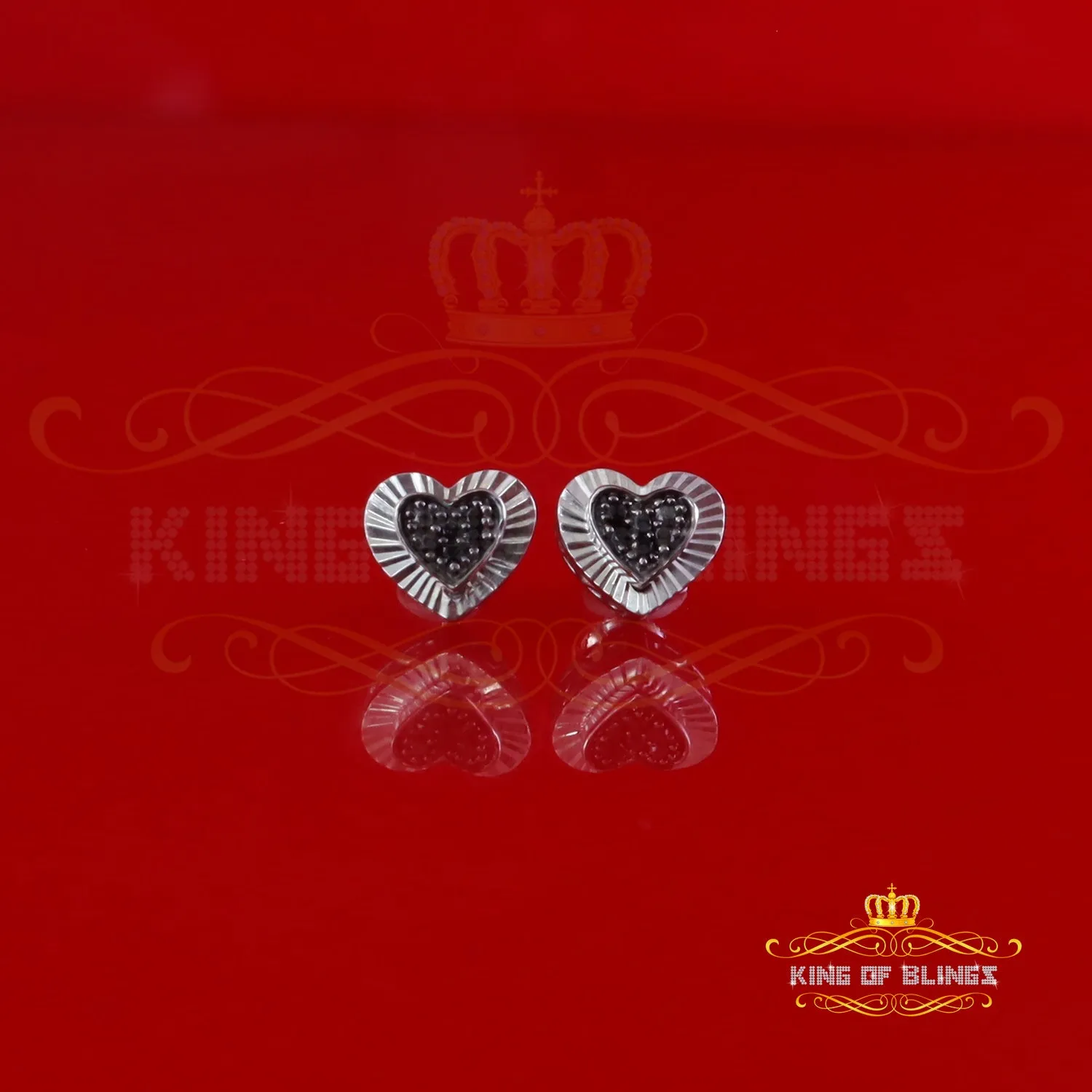 King Of Bling's Aretes Para Hombre Heart 925 White Silver 0.12ct Black Diamond Ladies Earrings