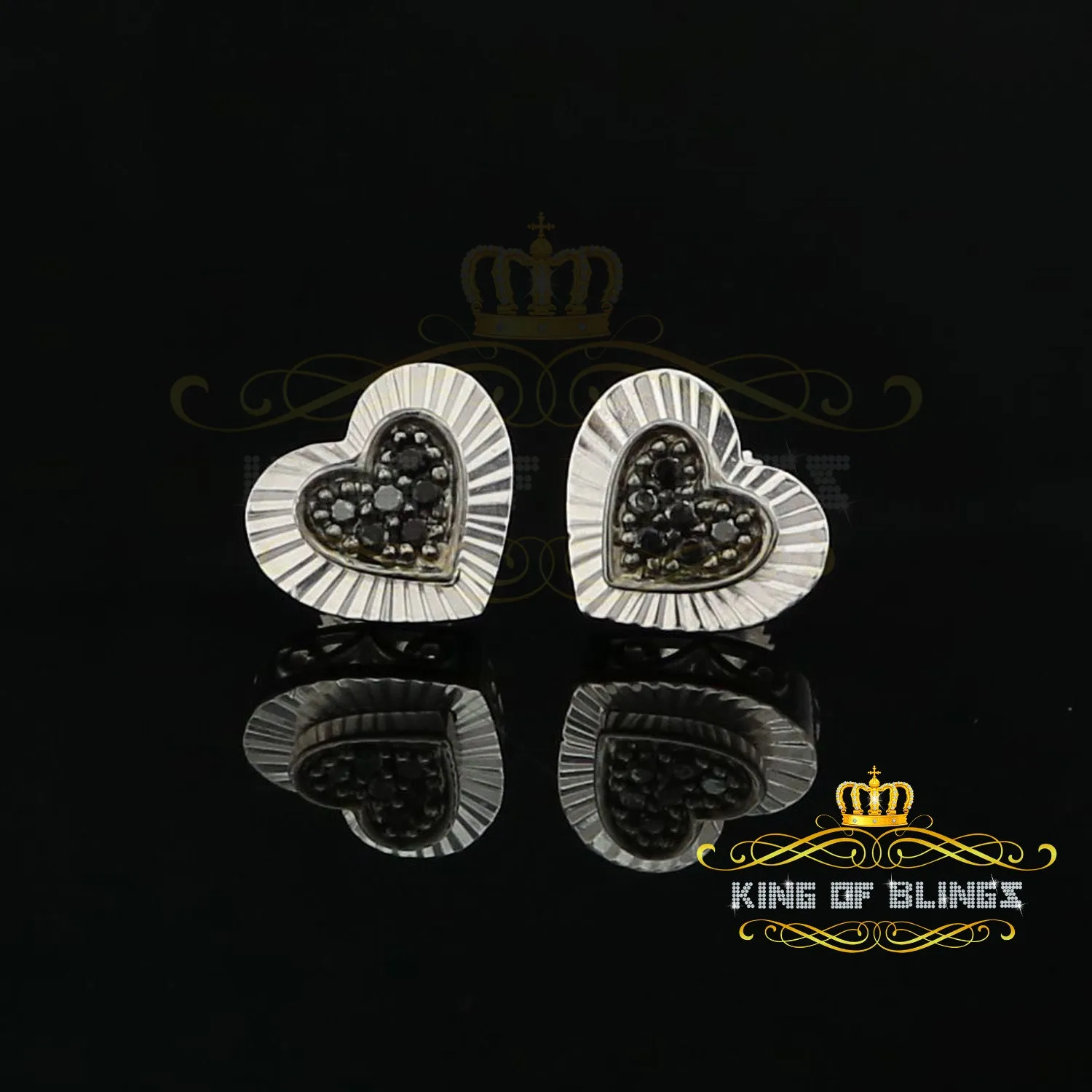King Of Bling's Aretes Para Hombre Heart 925 White Silver 0.12ct Black Diamond Ladies Earrings