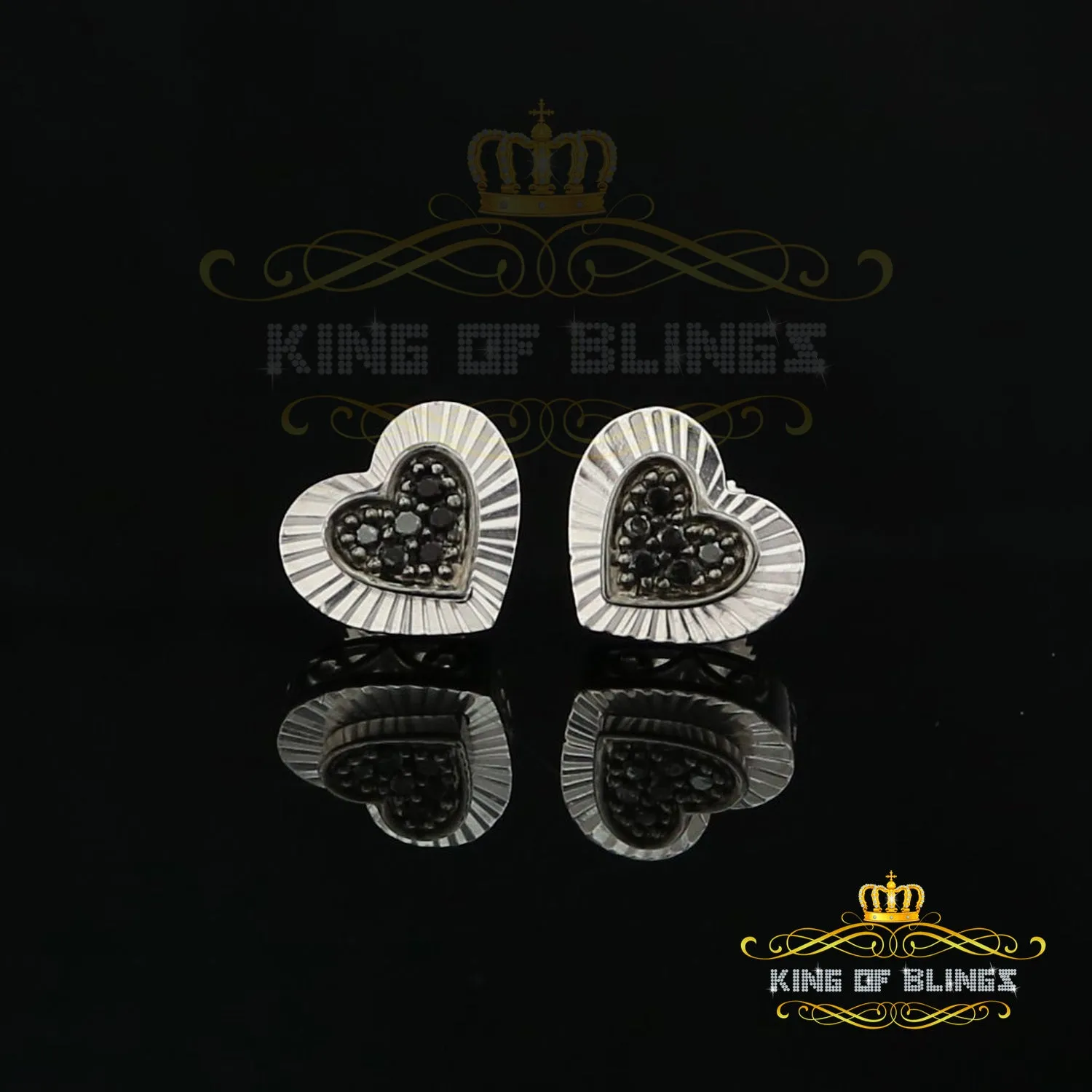 King Of Bling's Aretes Para Hombre Heart 925 White Silver 0.12ct Black Diamond Ladies Earrings