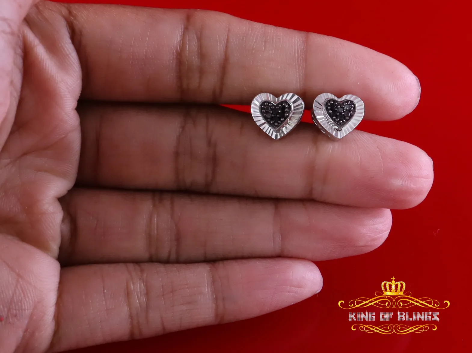 King Of Bling's Aretes Para Hombre Heart 925 White Silver 0.12ct Black Diamond Ladies Earrings