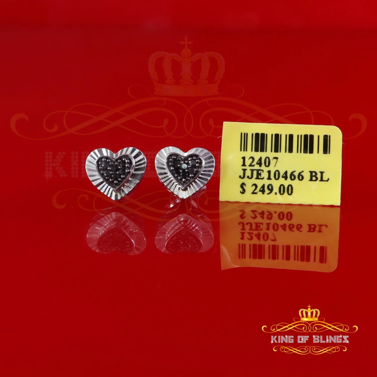 King Of Bling's Aretes Para Hombre Heart 925 White Silver 0.12ct Black Diamond Ladies Earrings