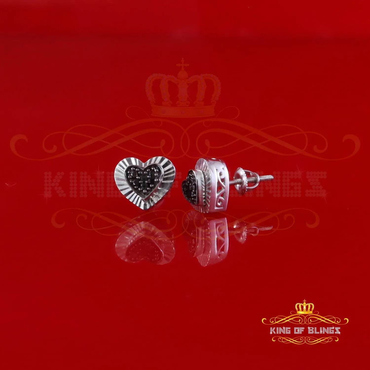 King Of Bling's Aretes Para Hombre Heart 925 White Silver 0.12ct Black Diamond Ladies Earrings