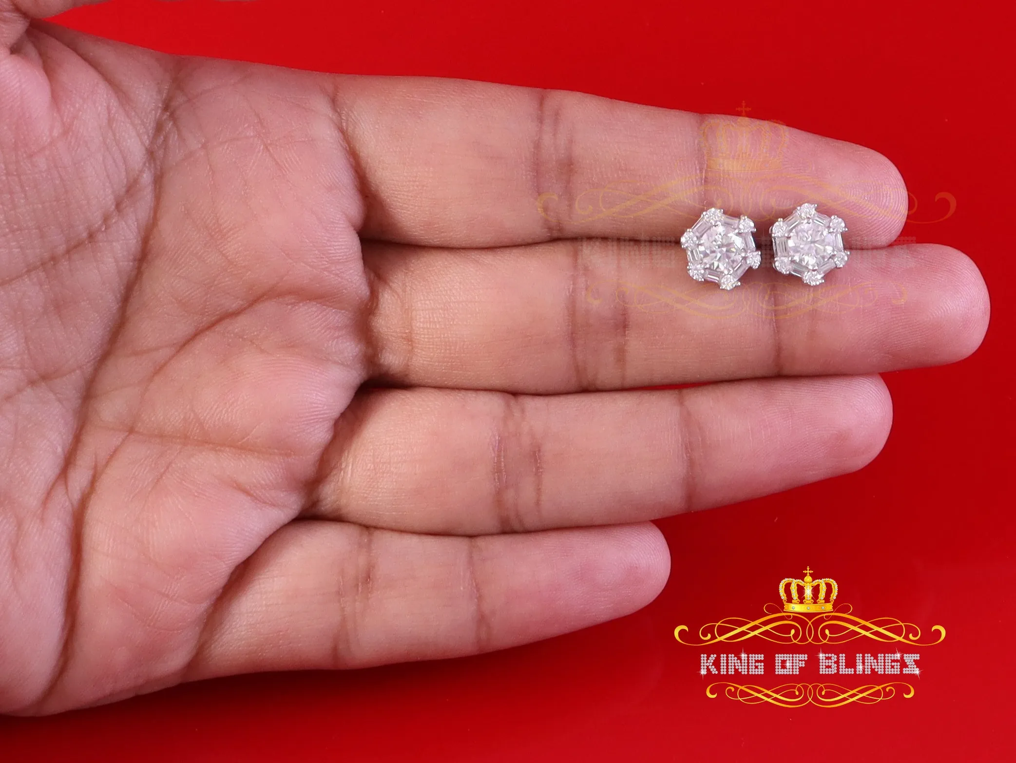 King of Bling's Men's/Womens 925 Silver White 1.50ct VVS 'D' Moissanite Hexagon Stud Earrings