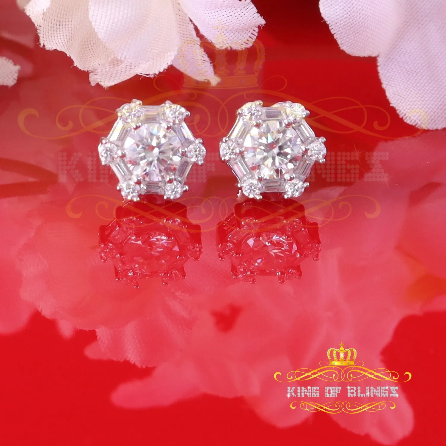 King of Bling's Men's/Womens 925 Silver White 1.50ct VVS 'D' Moissanite Hexagon Stud Earrings