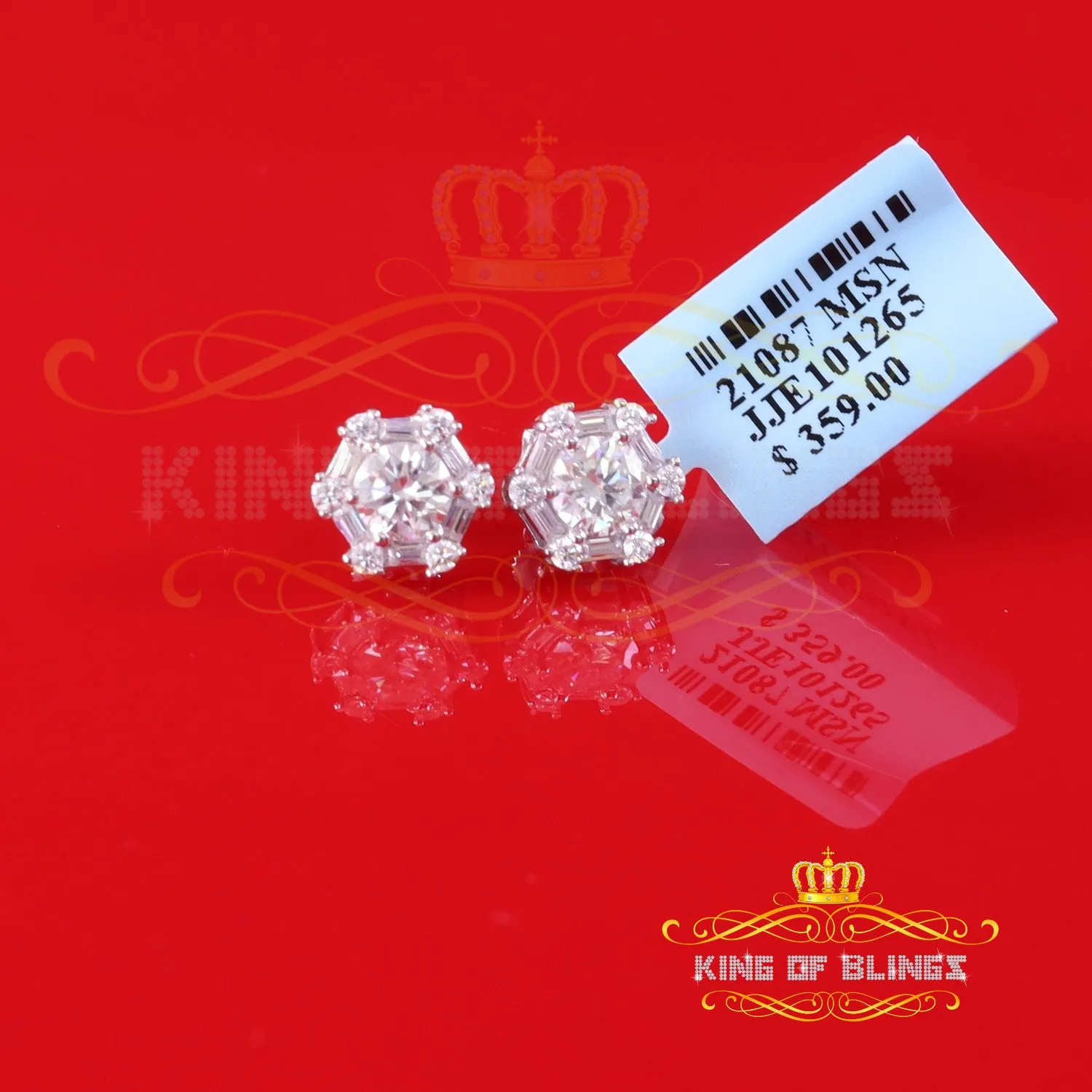 King of Bling's Men's/Womens 925 Silver White 1.50ct VVS 'D' Moissanite Hexagon Stud Earrings