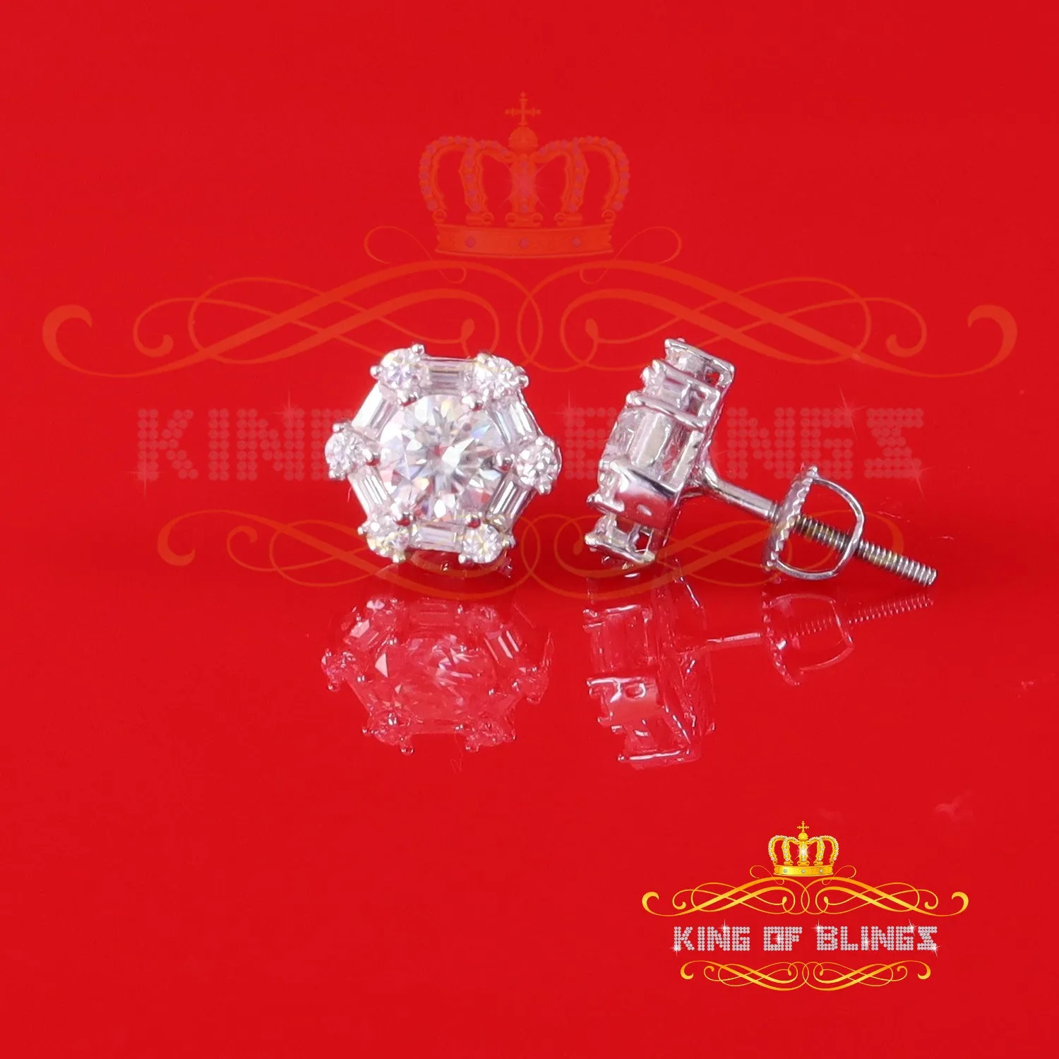 King of Bling's Men's/Womens 925 Silver White 1.50ct VVS 'D' Moissanite Hexagon Stud Earrings