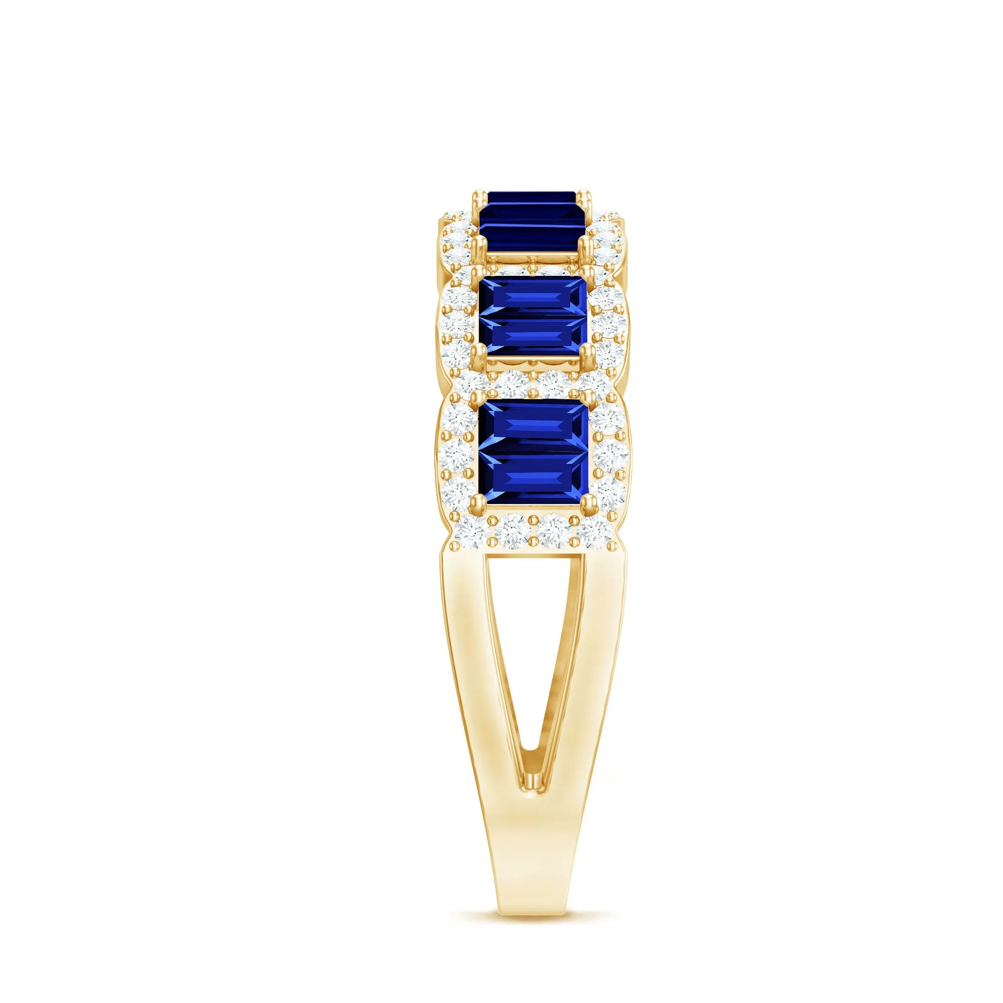 Lab Created Blue Sapphire Designer Half Eternity Ring with Moissanite