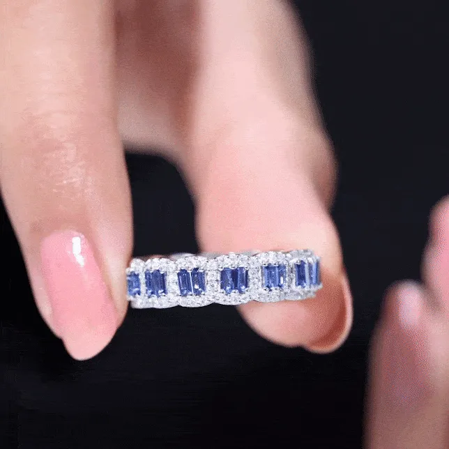 Lab Created Blue Sapphire Designer Half Eternity Ring with Moissanite
