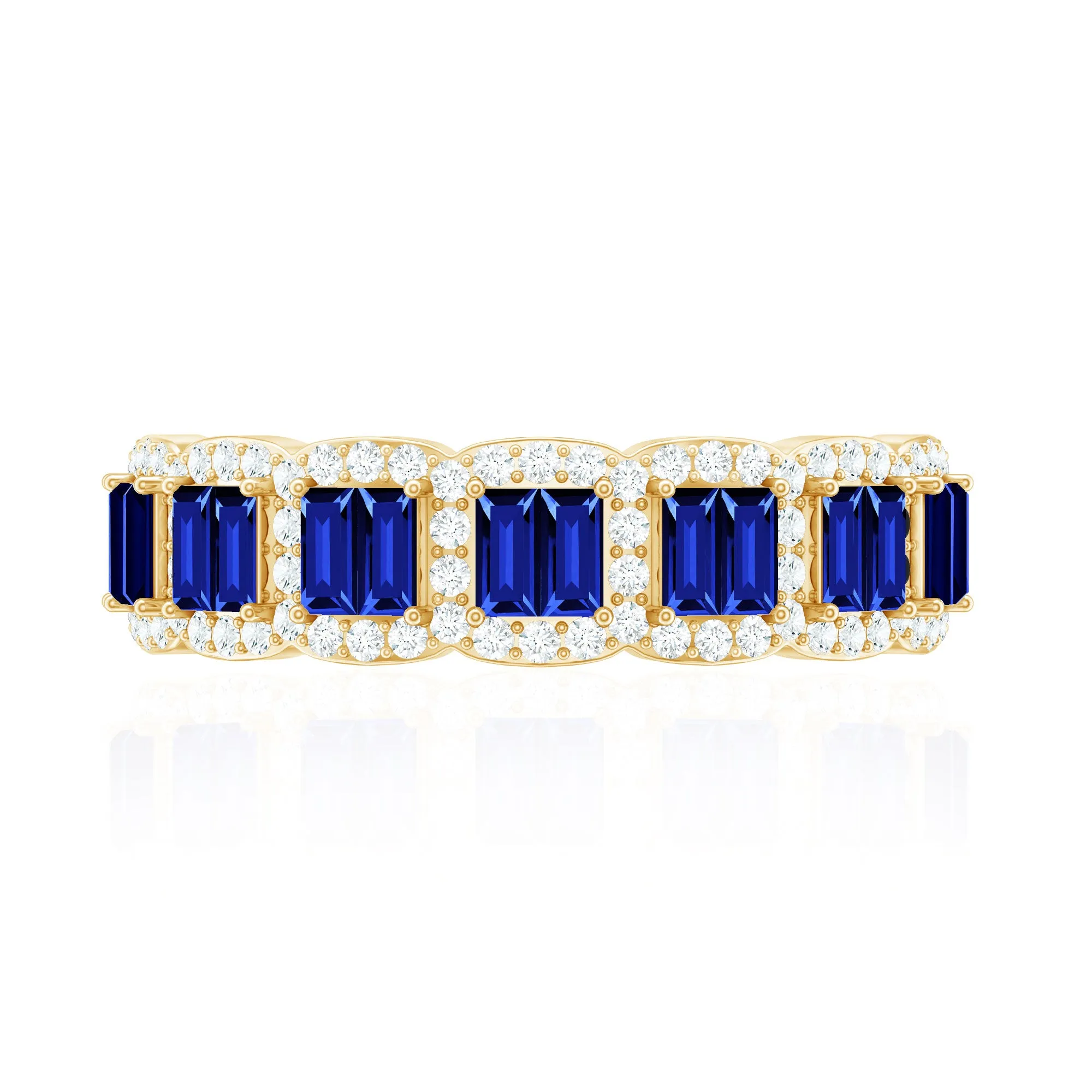 Lab Created Blue Sapphire Designer Half Eternity Ring with Moissanite