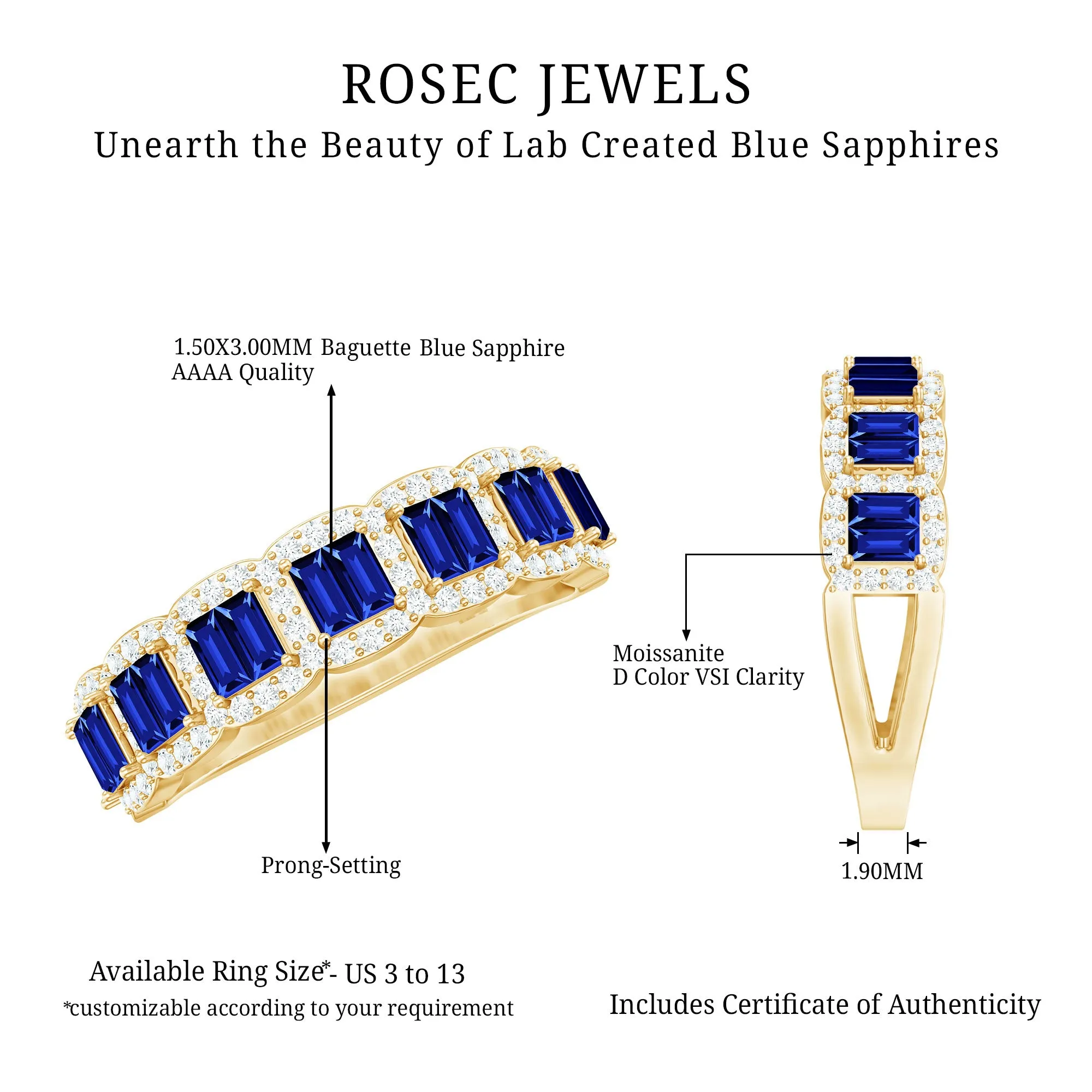 Lab Created Blue Sapphire Designer Half Eternity Ring with Moissanite