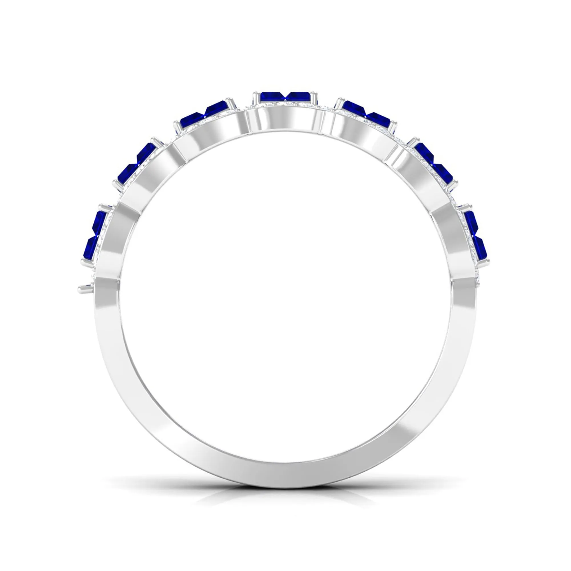 Lab Created Blue Sapphire Designer Half Eternity Ring with Moissanite