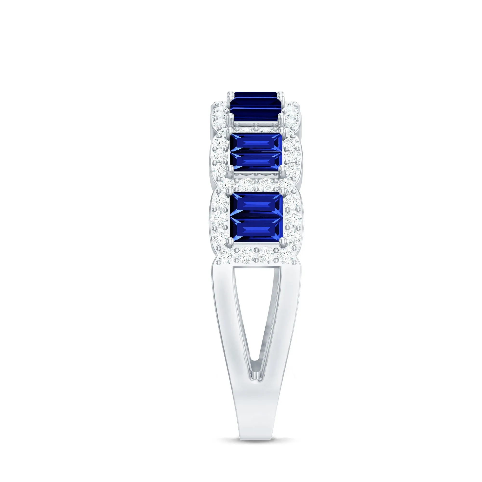 Lab Created Blue Sapphire Designer Half Eternity Ring with Moissanite