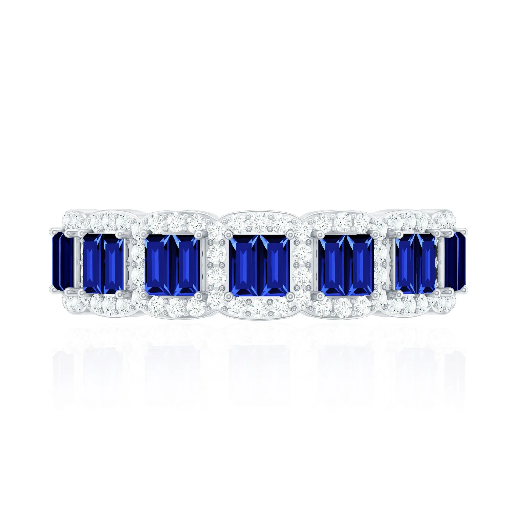 Lab Created Blue Sapphire Designer Half Eternity Ring with Moissanite