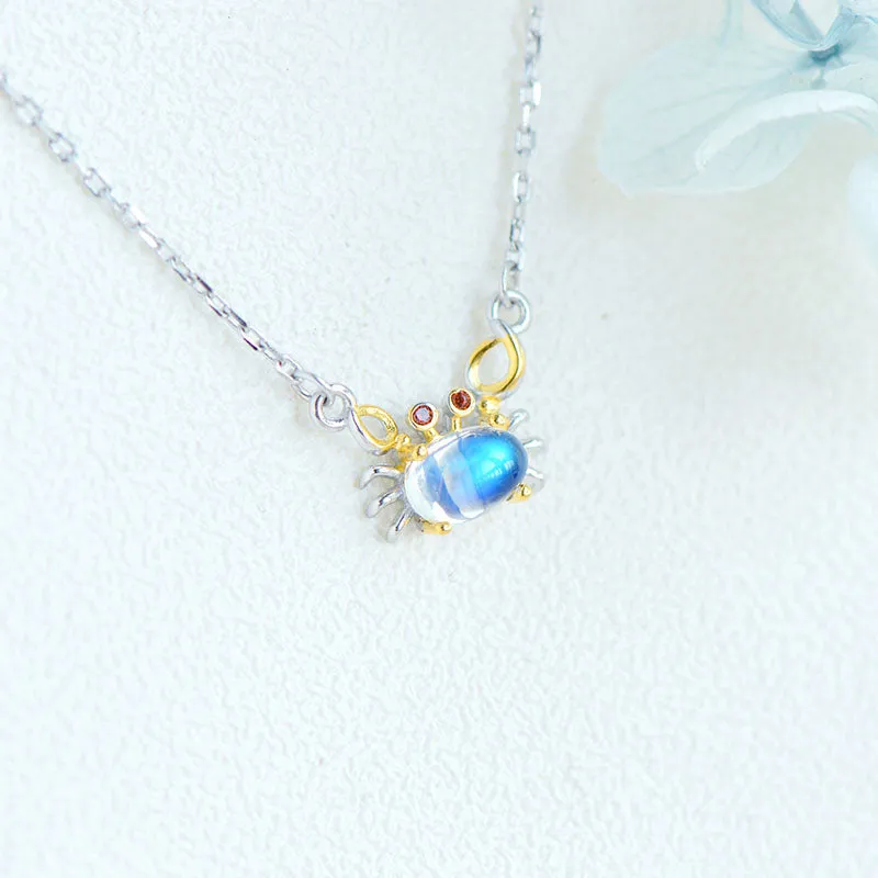 Ladies Crab Shaped Gold Plated Silver Moonstone Pendant Necklace June Birthstone For Women