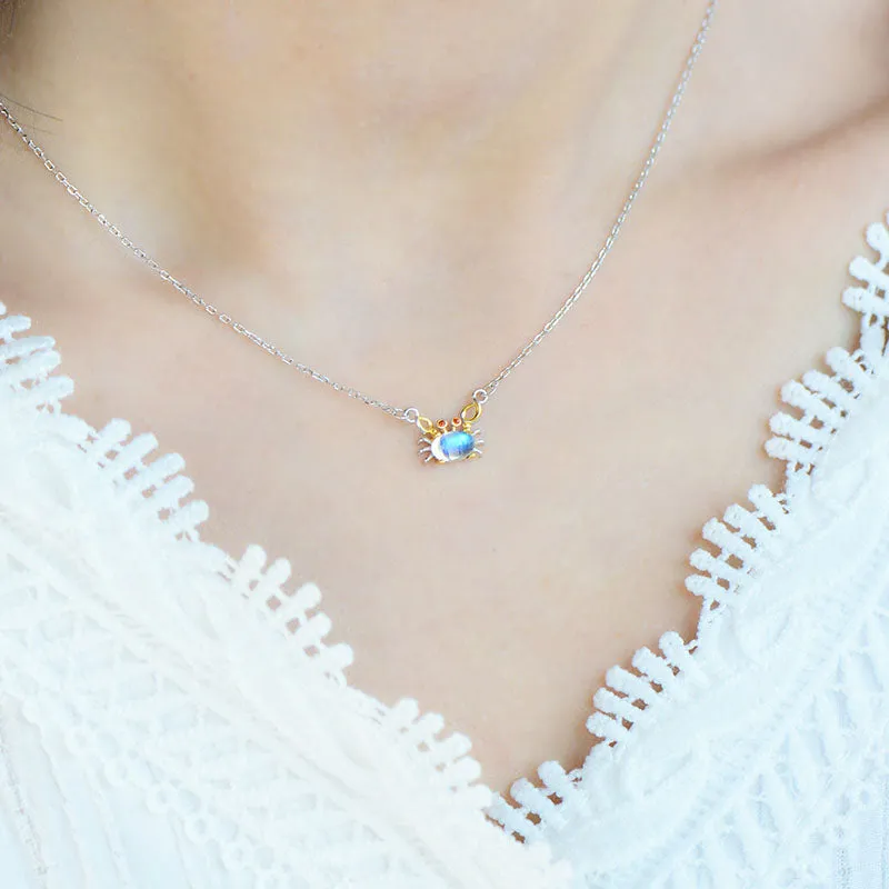 Ladies Crab Shaped Gold Plated Silver Moonstone Pendant Necklace June Birthstone For Women