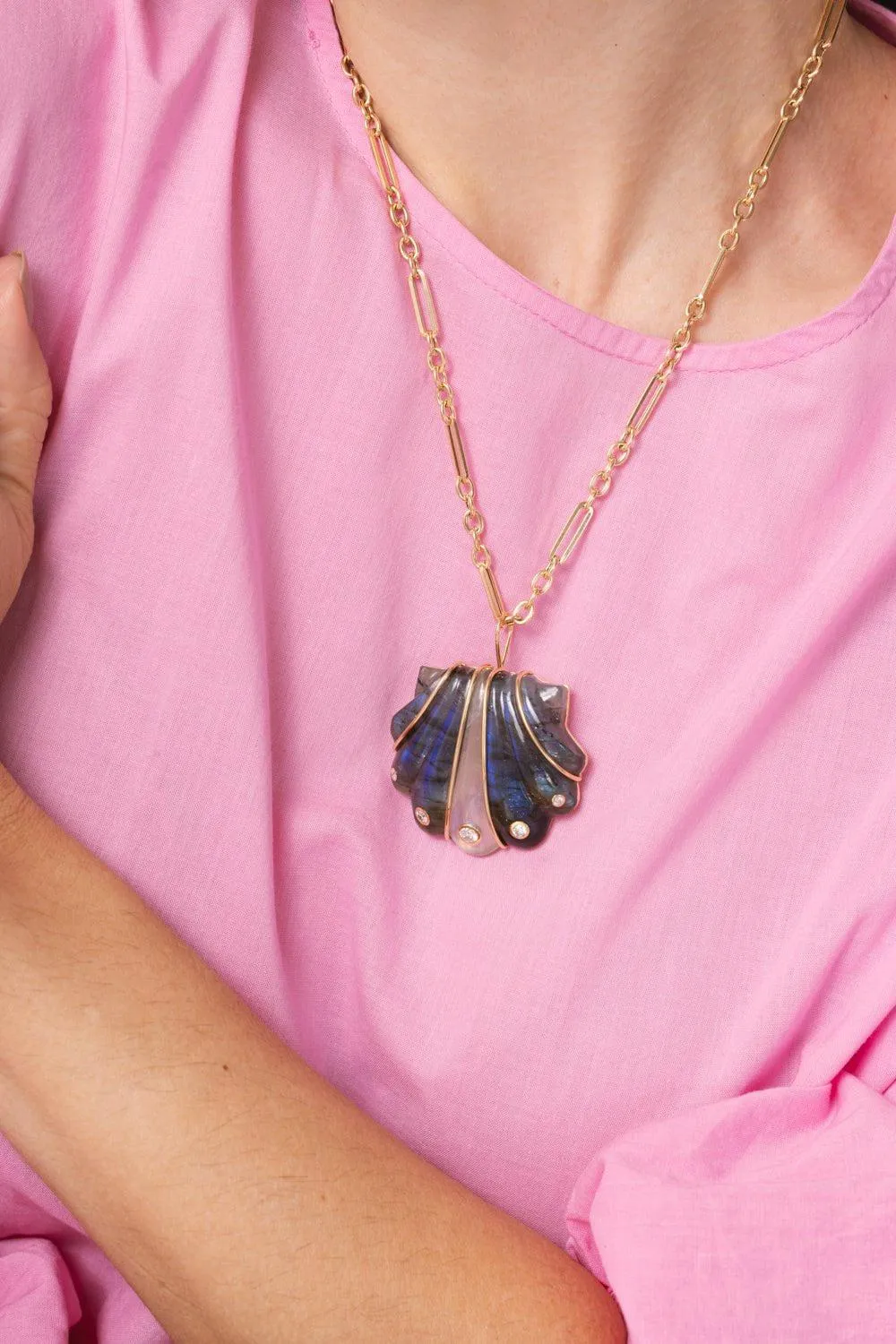 Large Labradorite Moonstone Shell Pendant Necklace