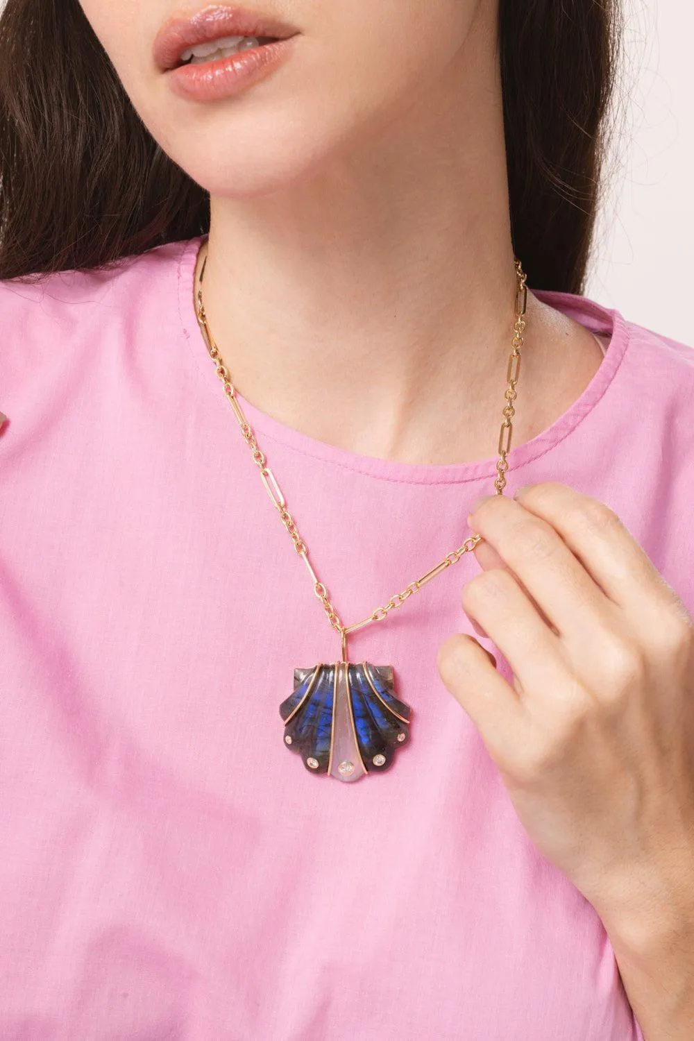 Large Labradorite Moonstone Shell Pendant Necklace