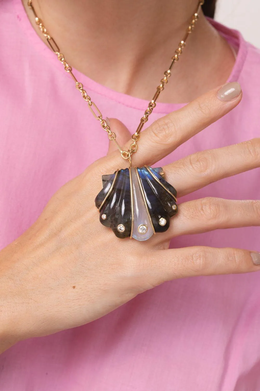 Large Labradorite Moonstone Shell Pendant Necklace