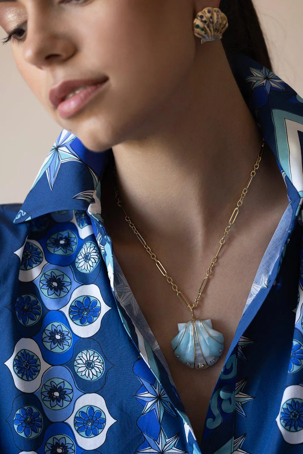 Large Larimar Shell Pendant Necklace