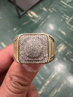 Large Square Simulated Diamond Hip Hop Ring | 10K Yellow Gold Iced Out Real Diamond Ring Band 0.35Ct 6.56 Grams | Designer Big Ring, Size 10