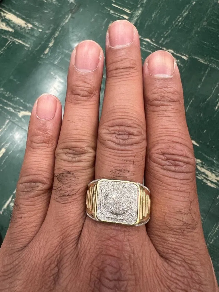 Large Square Simulated Diamond Hip Hop Ring | 10K Yellow Gold Iced Out Real Diamond Ring Band 0.35Ct 6.56 Grams | Designer Big Ring, Size 10