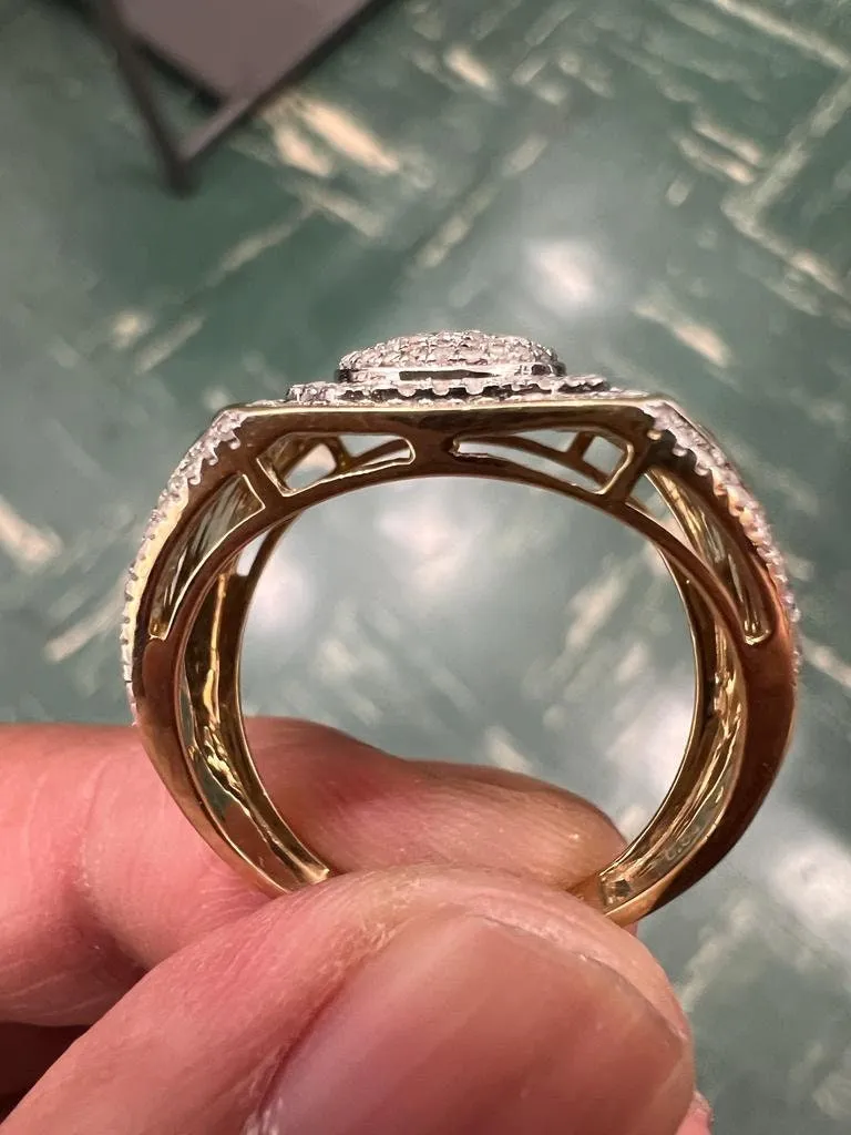 Large Square Simulated Diamond Hip Hop Ring | 10K Yellow Gold Iced Out Real Diamond Ring Band 0.35Ct 6.56 Grams | Designer Big Ring, Size 10