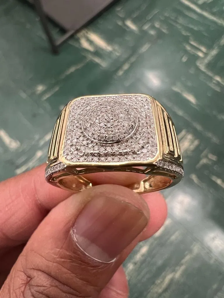 Large Square Simulated Diamond Hip Hop Ring | 10K Yellow Gold Iced Out Real Diamond Ring Band 0.35Ct 6.56 Grams | Designer Big Ring, Size 10